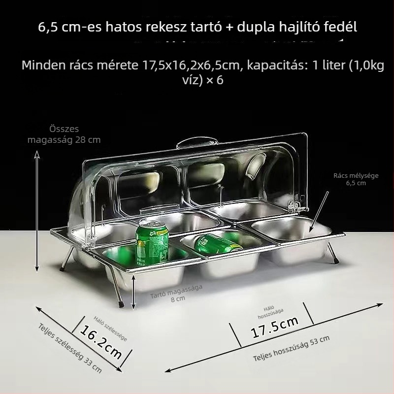 Rozsdamentes acél büfé kijelzőállvány több rekesszel és fedéllel gyümölcsök és készételek számára – Sheng bangrong