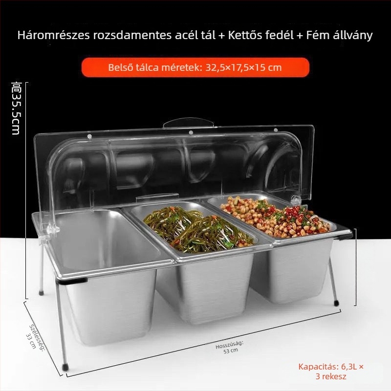 Rozsdamentes acél büfé kijelzőállvány több rekesszel és fedéllel gyümölcsök és készételek számára – Sheng bangrong