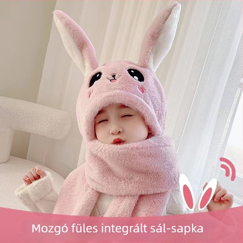 Mozgó nyuszifülű gyerek sapka — téli meleg kapucnis sállal és kesztyűvel integrált