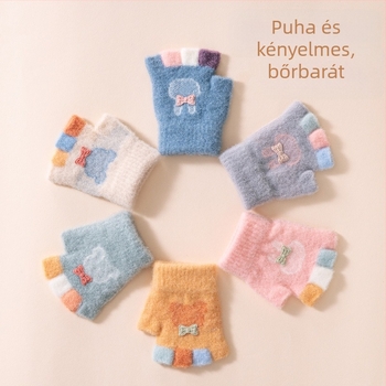 0–3 éves baba kesztyűk, őszi-téli, nylon, fleece bélés, félujjas, rajzfilm mintázat, meleg