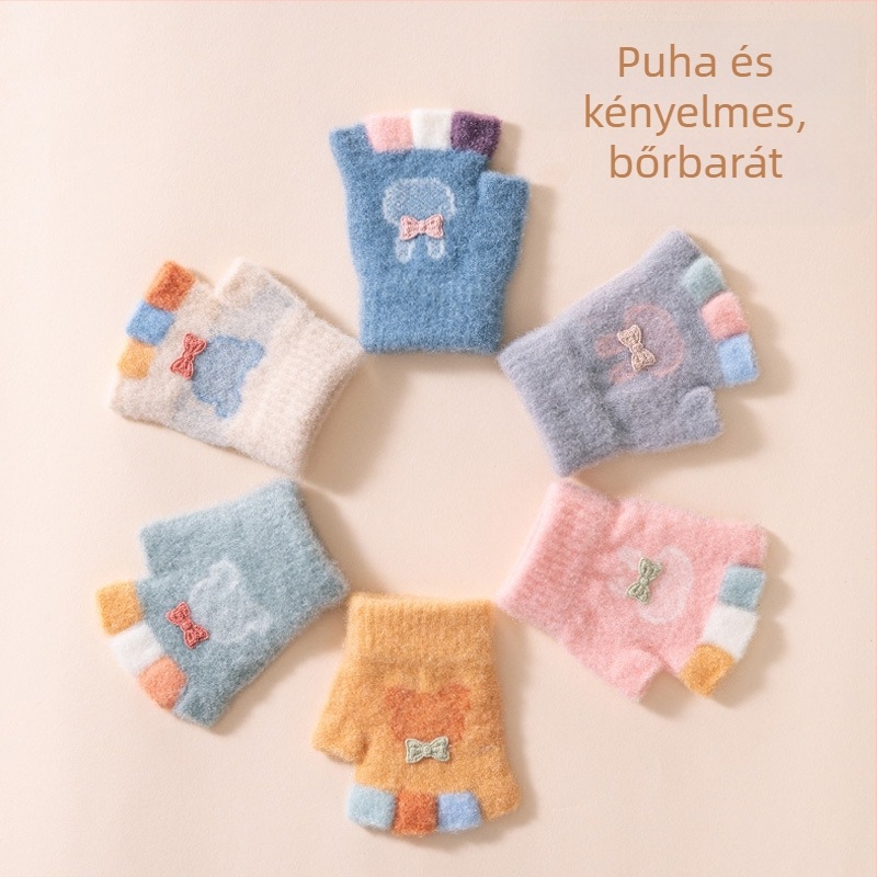 0–3 éves baba kesztyűk, őszi-téli, nylon, fleece bélés, félujjas, rajzfilm mintázat, meleg