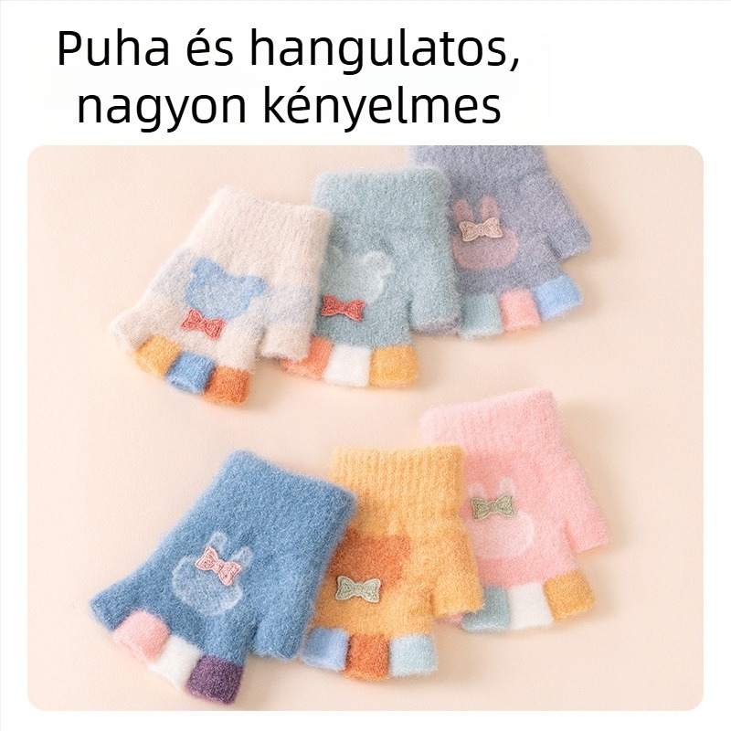 0–3 éves baba kesztyűk, őszi-téli, nylon, fleece bélés, félujjas, rajzfilm mintázat, meleg