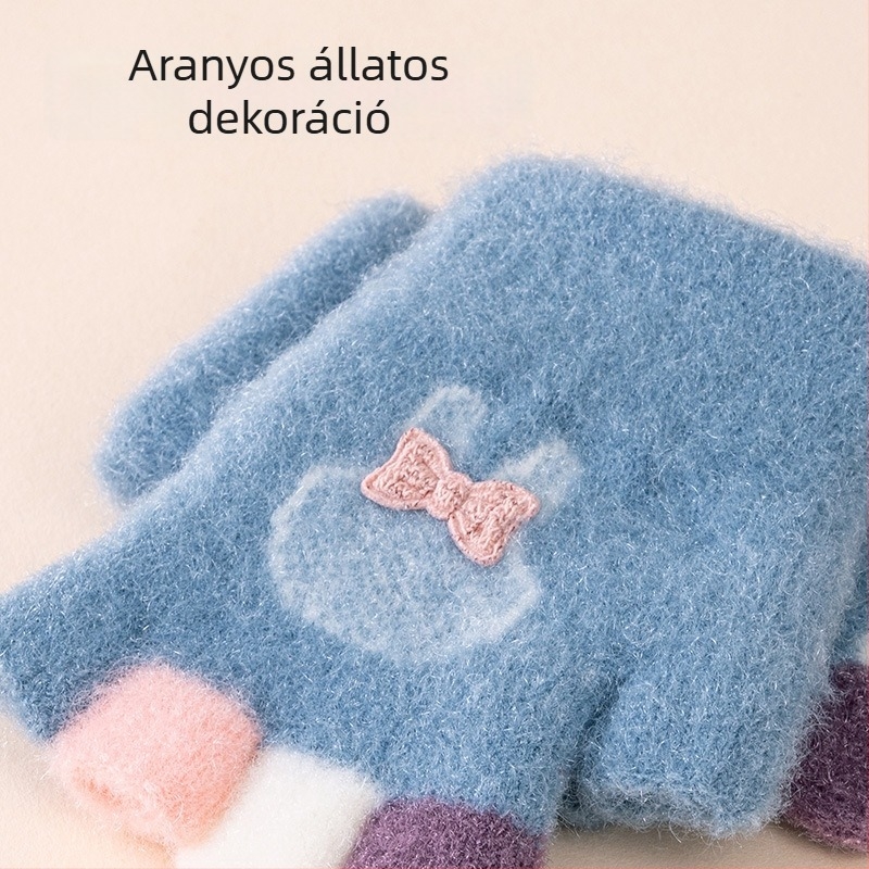 0–3 éves baba kesztyűk, őszi-téli, nylon, fleece bélés, félujjas, rajzfilm mintázat, meleg