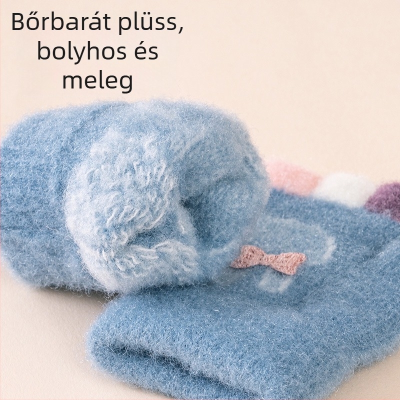 0–3 éves baba kesztyűk, őszi-téli, nylon, fleece bélés, félujjas, rajzfilm mintázat, meleg
