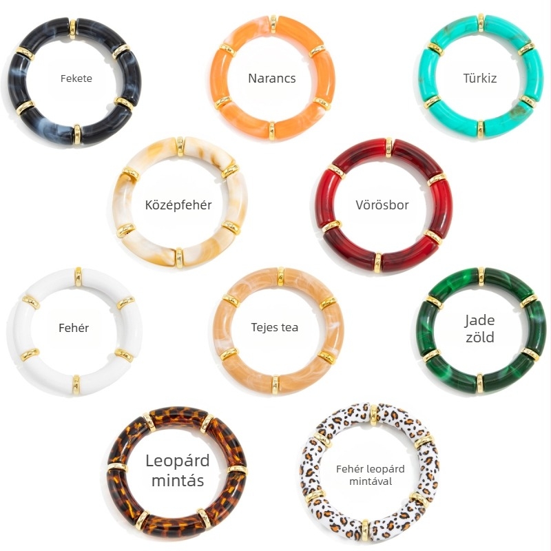 Női gyanta elasztikus karkötő, kézzel készített, geometriai forma, leopard mintás bambusz gyöngyökkel