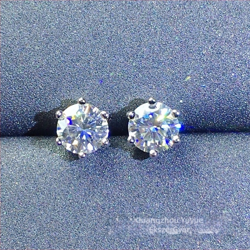 Moissanite stud fülbevaló, S925 ezüst, kerek formájú, Eight Hearts and Eight Arrows vágás, Uniszex