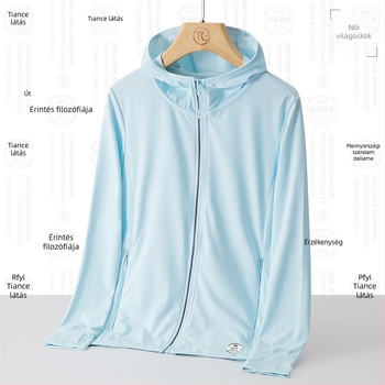 Uniszex kültéri windbreaker UPF50+ napsugárzás elleni védelem, lélegző poliészter, kapucnival