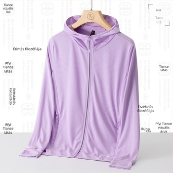 Uniszex kültéri windbreaker UPF50+ napsugárzás elleni védelem, lélegző poliészter, kapucnival