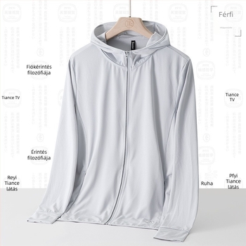 Uniszex kültéri windbreaker UPF50+ napsugárzás elleni védelem, lélegző poliészter, kapucnival