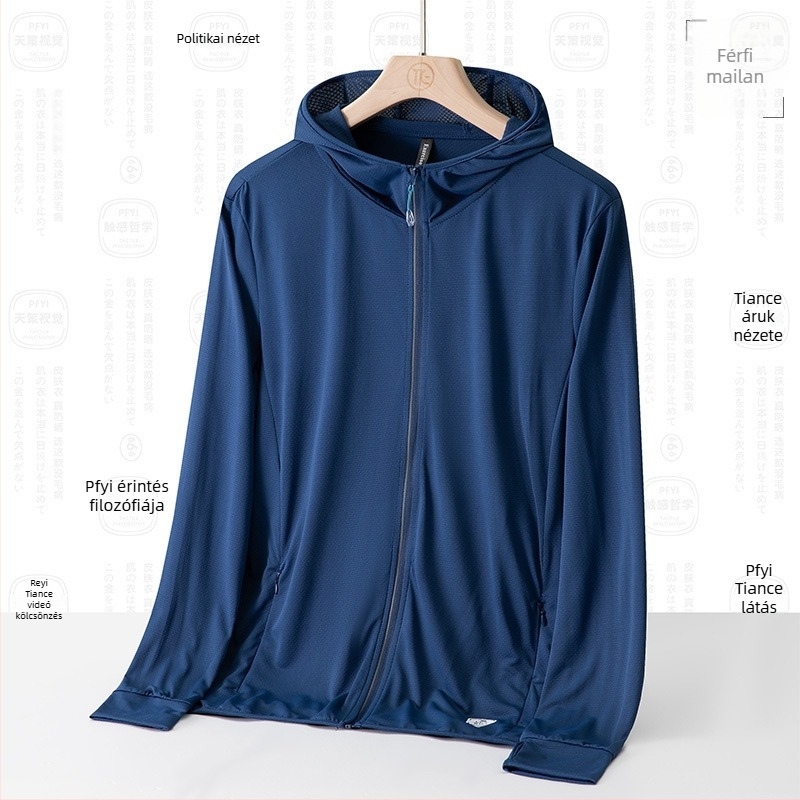Uniszex kültéri windbreaker UPF50+ napsugárzás elleni védelem, lélegző poliészter, kapucnival