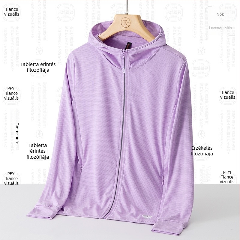Uniszex kültéri windbreaker UPF50+ napsugárzás elleni védelem, lélegző poliészter, kapucnival