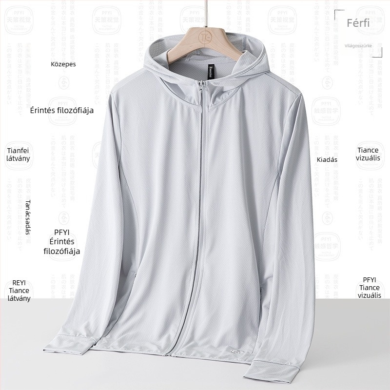 Uniszex kültéri windbreaker UPF50+ napsugárzás elleni védelem, lélegző poliészter, kapucnival