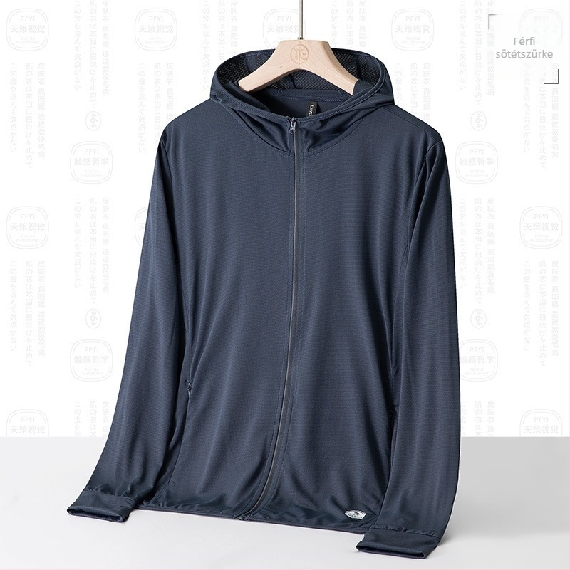 Uniszex kültéri windbreaker UPF50+ napsugárzás elleni védelem, lélegző poliészter, kapucnival