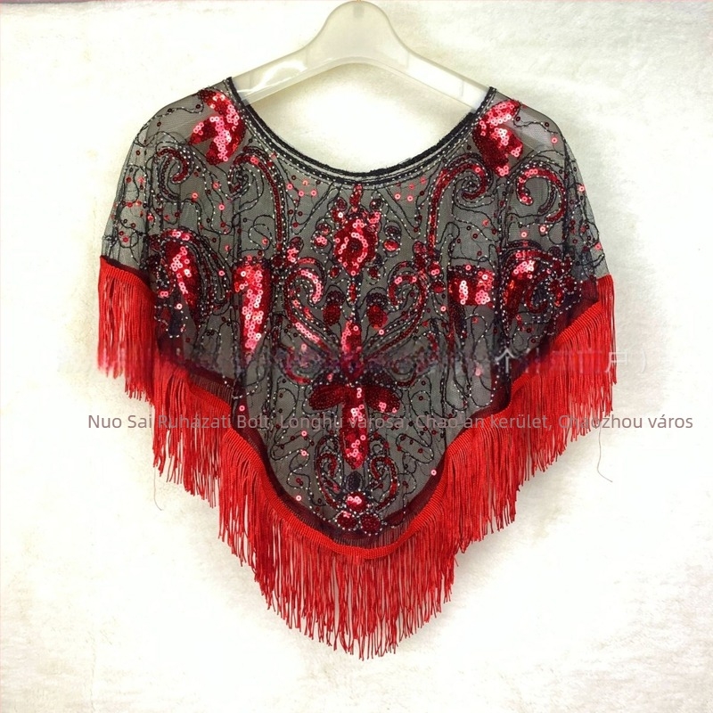 Kapucnis hálókendő geometriai hímzéssel — poliészter, kézi horgolásos szövés, díszítés