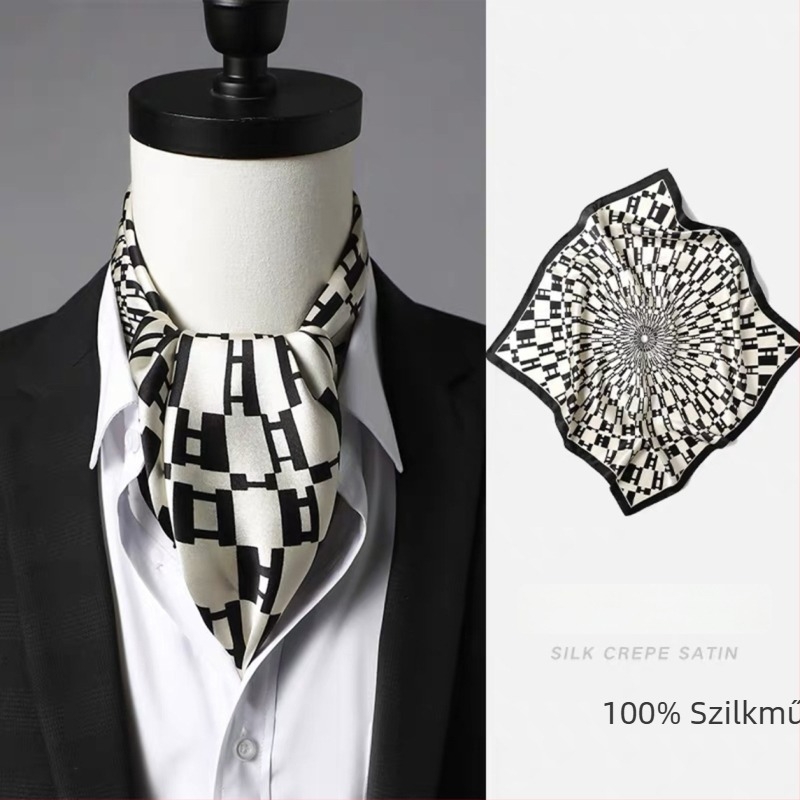 Férfi kis négyszögletű selyemsál, szatén szövet, 100% selyem, minimalist üzleti stílus, Zhejiang eredet.