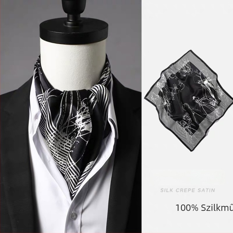 Férfi kis négyszögletű selyemsál, szatén szövet, 100% selyem, minimalist üzleti stílus, Zhejiang eredet.
