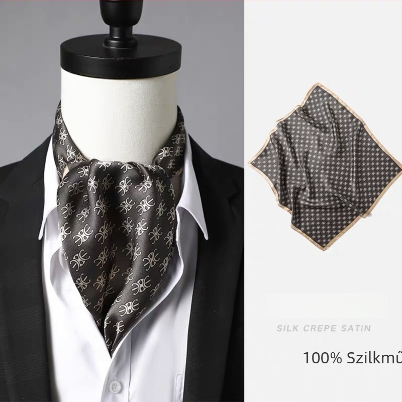 Férfi kis négyszögletű selyemsál, szatén szövet, 100% selyem, minimalist üzleti stílus, Zhejiang eredet.