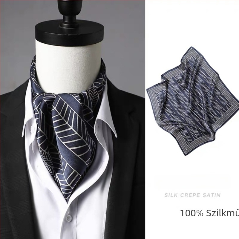 Férfi kis négyszögletű selyemsál, szatén szövet, 100% selyem, minimalist üzleti stílus, Zhejiang eredet.