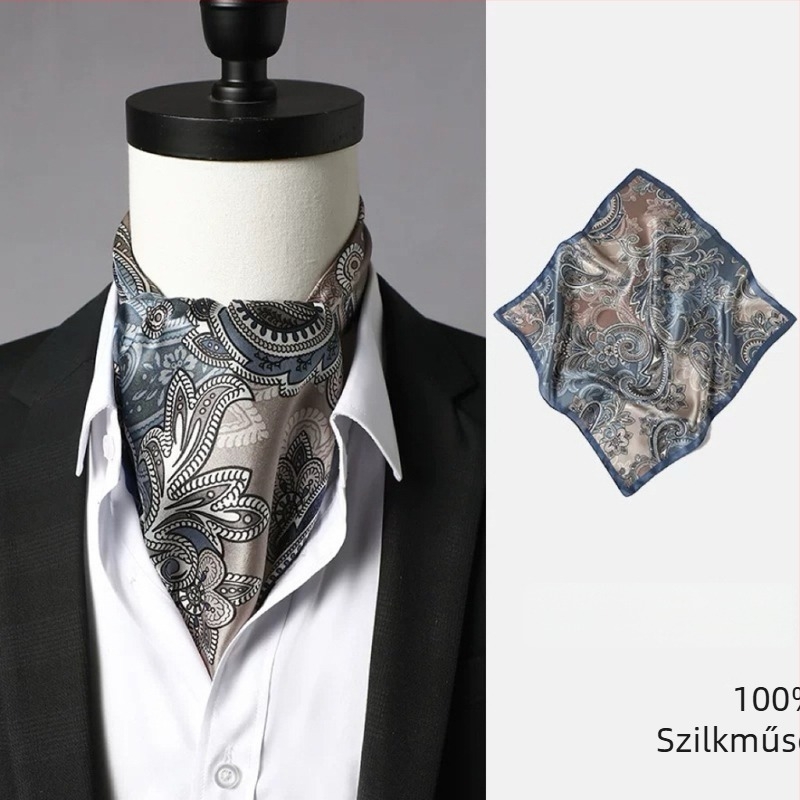 Férfi kis négyszögletű selyemsál, szatén szövet, 100% selyem, minimalist üzleti stílus, Zhejiang eredet.