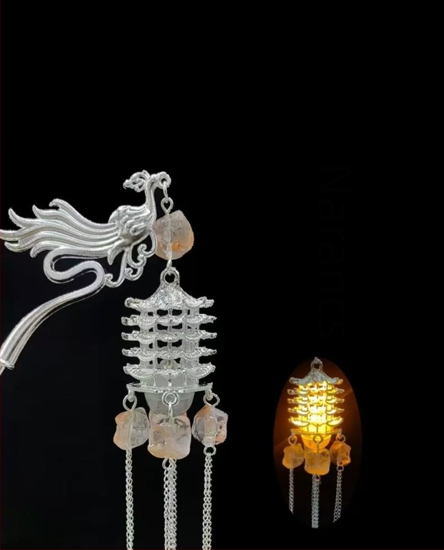 Fénylő pagodás hajcsat füzérrel, Hanfu stílusú Yellow Crane Tower