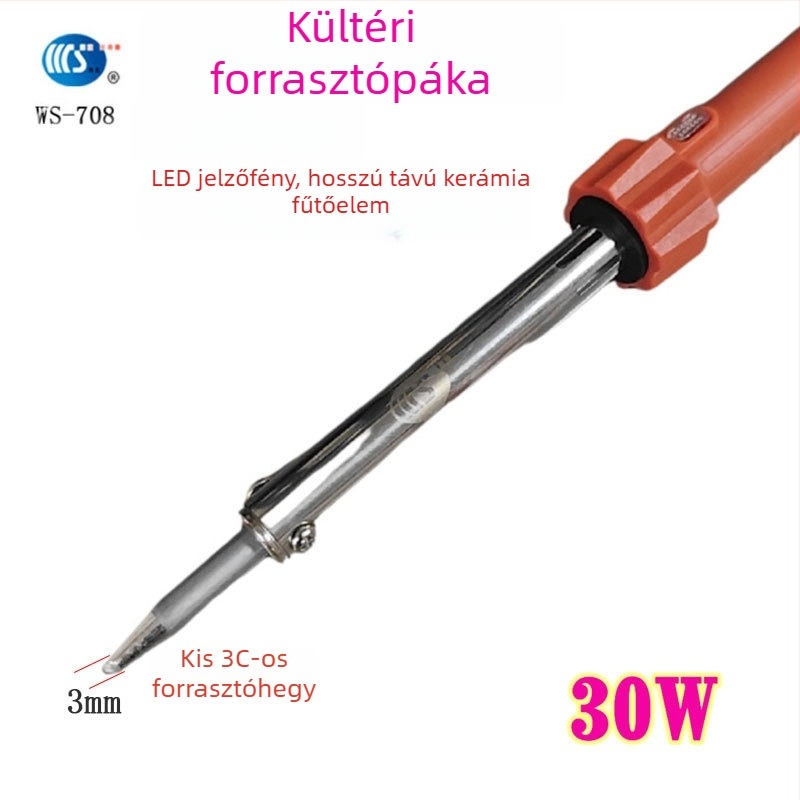 Háztartási forrasztópáka 30-60W, 220V, gumírozott fogantyúval — forrasztópáka toll formájú csúcsok: görbe, egyenes, sík és patkó alakú (modell WS-708)