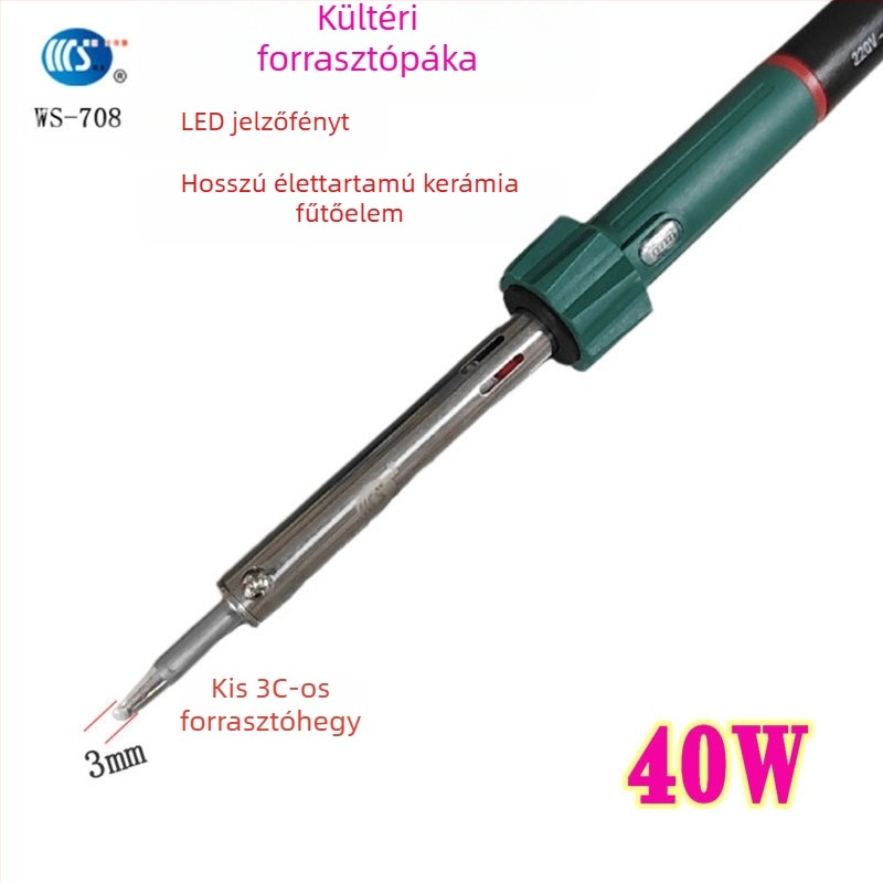Háztartási forrasztópáka 30-60W, 220V, gumírozott fogantyúval — forrasztópáka toll formájú csúcsok: görbe, egyenes, sík és patkó alakú (modell WS-708)