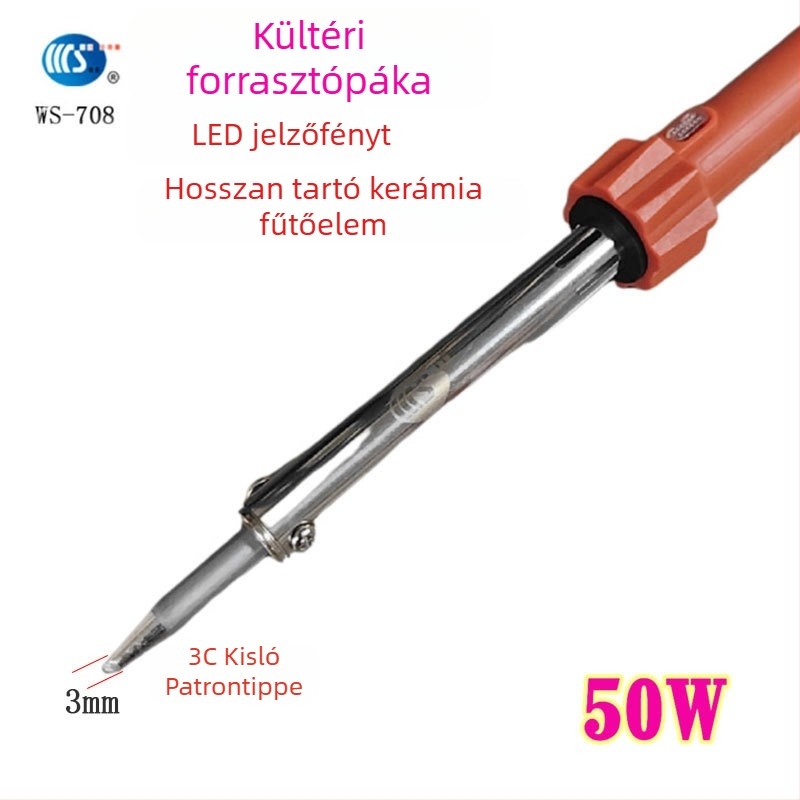 Háztartási forrasztópáka 30-60W, 220V, gumírozott fogantyúval — forrasztópáka toll formájú csúcsok: görbe, egyenes, sík és patkó alakú (modell WS-708)