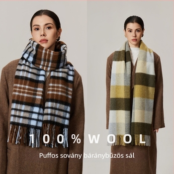100% gyapjú sál, hosszú téli puha kockás mintával, warp-öltéses szövés, melegen tart
