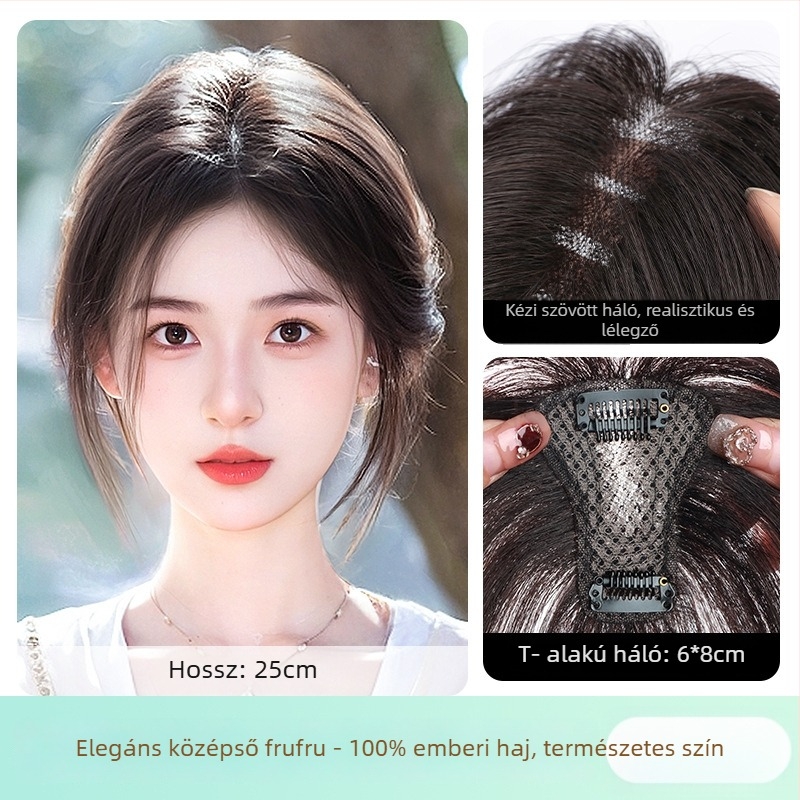 Női paróka frufruval a fej felső részén elhelyezett pótpótlás, valódi hajból, mechanikus kivitelezés, frufru egyenes vagy ferde, nem festhető és nem göndöríthető
