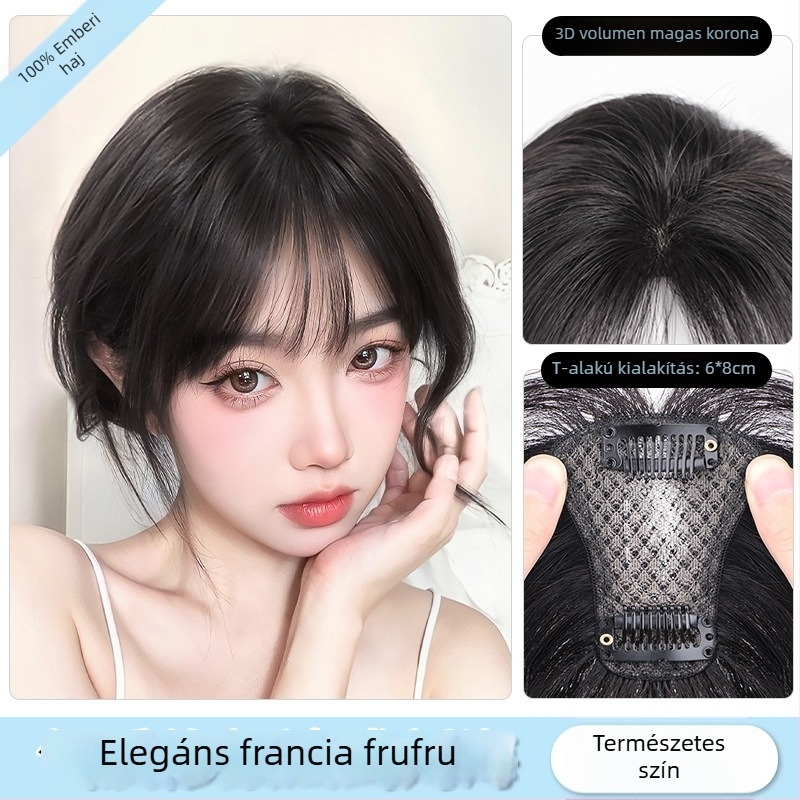 Női paróka frufruval a fej felső részén elhelyezett pótpótlás, valódi hajból, mechanikus kivitelezés, frufru egyenes vagy ferde, nem festhető és nem göndöríthető