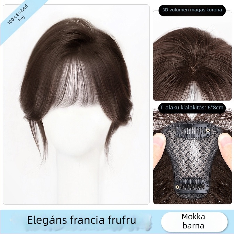 Női paróka frufruval a fej felső részén elhelyezett pótpótlás, valódi hajból, mechanikus kivitelezés, frufru egyenes vagy ferde, nem festhető és nem göndöríthető