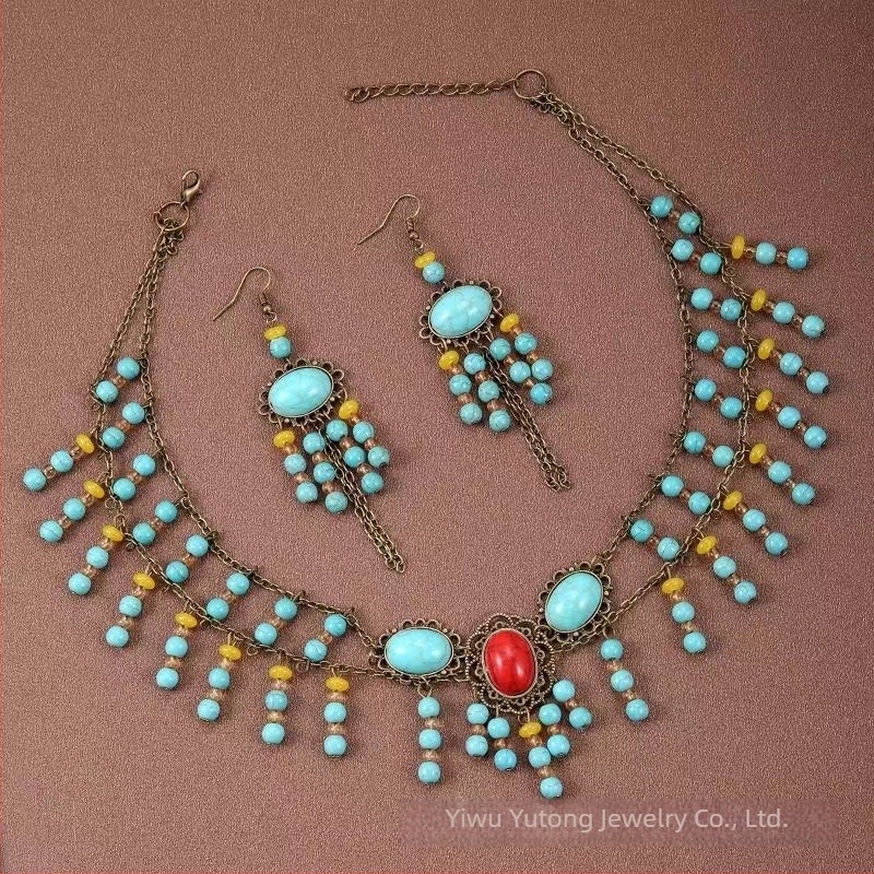 Etno-stílusú fejfedő homloklánccal és szemöldökmedállal, bohem vintage design, U-formájú stílus, egyedi csomagolás