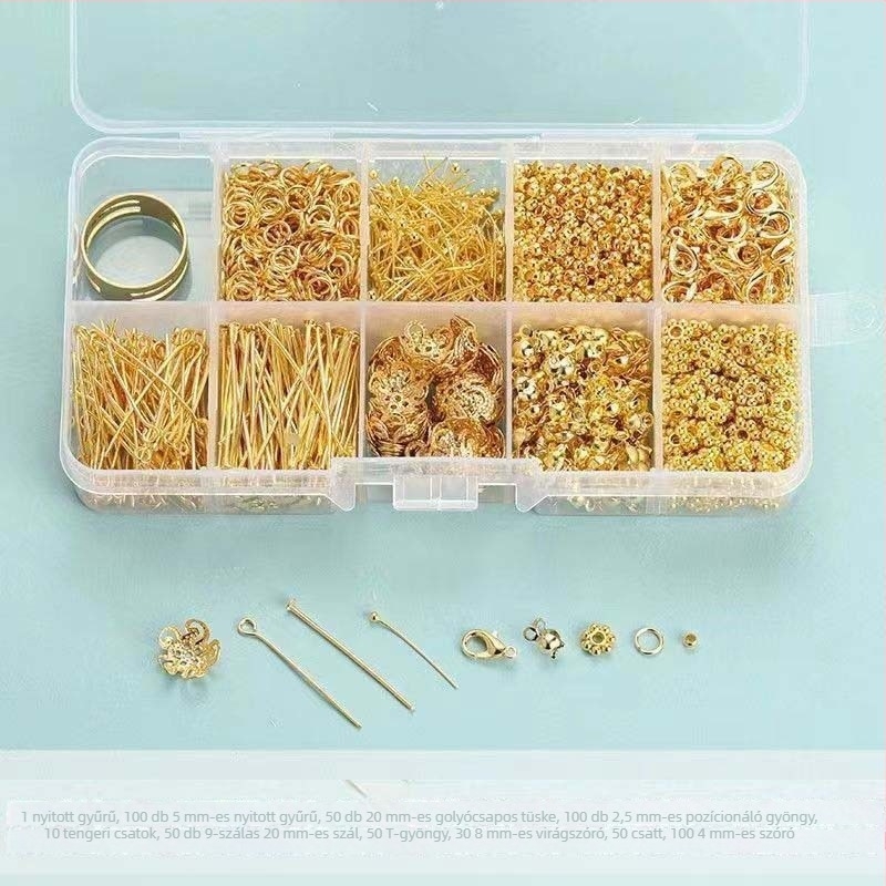 DIY ékszerkészítő készlet: nyitható gyűrűk, T-pinnek, Lobster clasp, pozícionáló gyöngyök, 9-es alakú tű