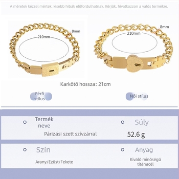 Titánacél karkötő pár számára, egzotikus stílus szív motívummal, anti-fáradtság funkció, aranyozott kövek