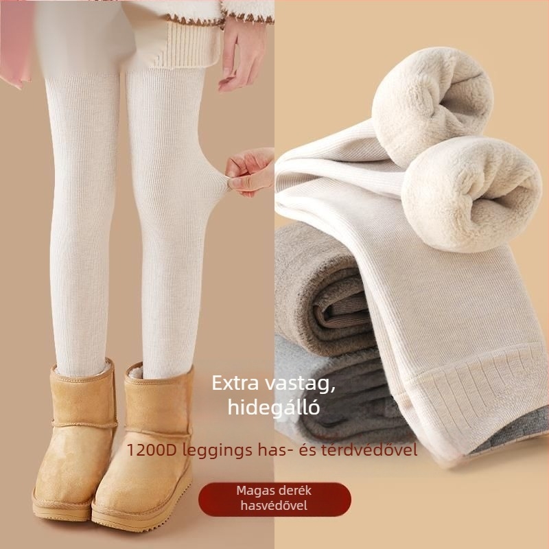 Lányoknak készült fleece-sel bélelt vastag leggings ősz-télre, fehér, függőleges csíkokkal, meleg