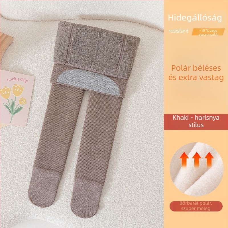 Lányoknak készült fleece-sel bélelt vastag leggings ősz-télre, fehér, függőleges csíkokkal, meleg