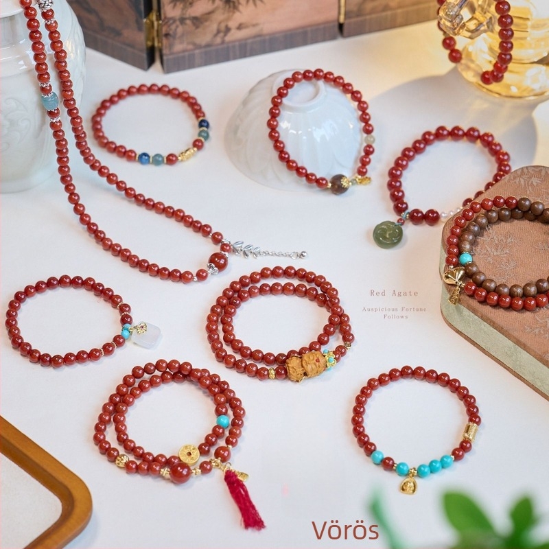 Achát karkötő, Új kínai stílus, kézzel készített gömbölyű gyöngyök, 30 gyöngyből álló dizájn