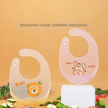 Szilikonból készült baba etető kötény – vízálló, ultra puha, rajzfilmszimbával, 1–3 éveseknek