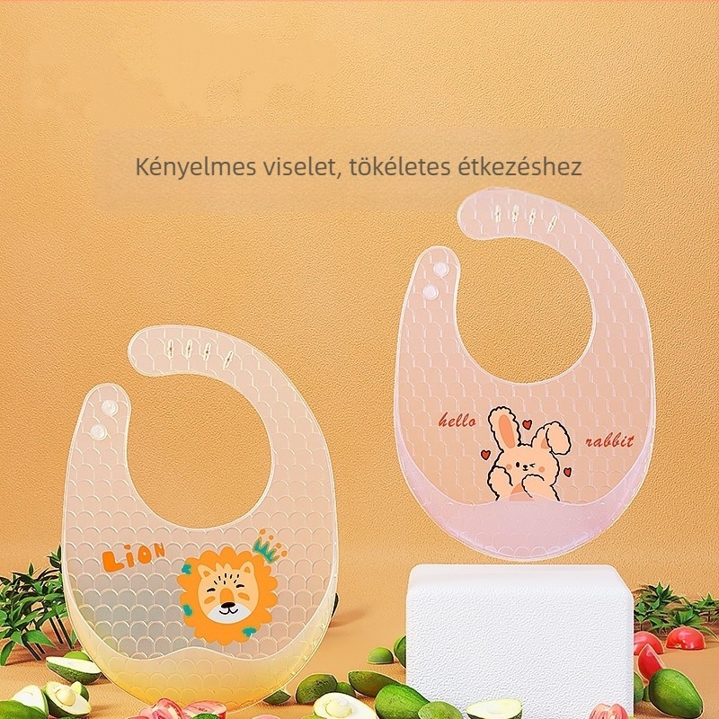 Szilikonból készült baba etető kötény – vízálló, ultra puha, rajzfilmszimbával, 1–3 éveseknek