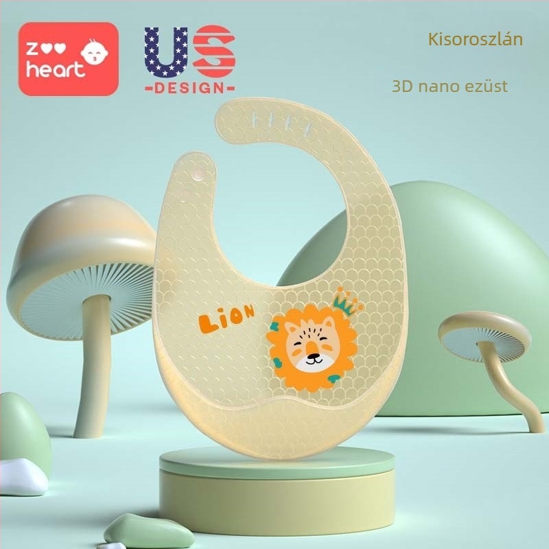 Szilikonból készült baba etető kötény – vízálló, ultra puha, rajzfilmszimbával, 1–3 éveseknek