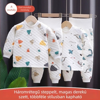 Meleg, vastag anyagból készült két részes szett: magas derekú nadrág és hosszú ujjú felső, uniszex téli otthoni viselet peluscserére nyílással.