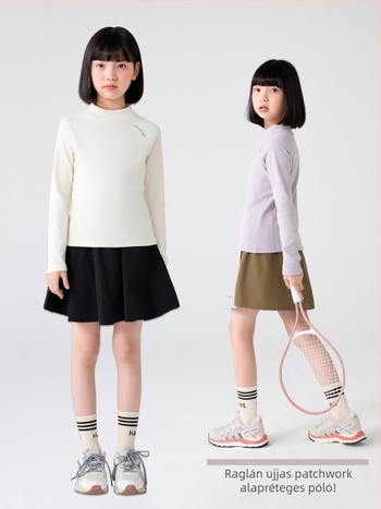 Lányoknak szánt alapelem felső félmagas gallérral, raglán ujjú, csíkos mintázat, 92% poliészter, bolyhosított, puha tapintás