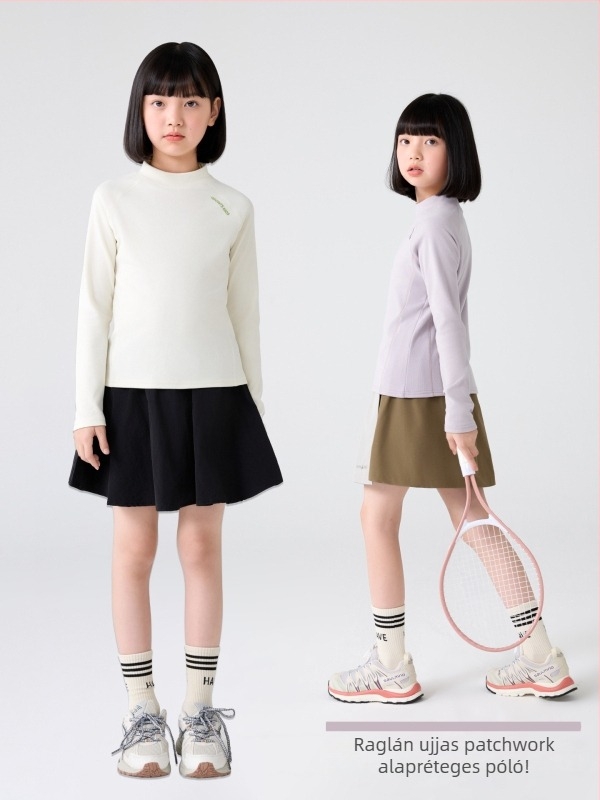 Lányoknak szánt alapelem felső félmagas gallérral, raglán ujjú, csíkos mintázat, 92% poliészter, bolyhosított, puha tapintás