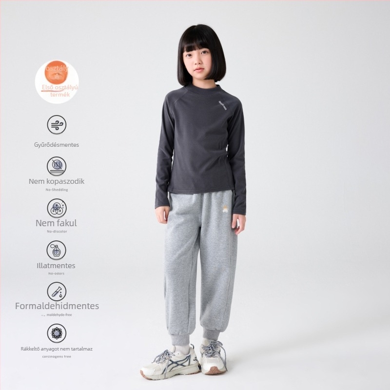 Lányoknak szánt alapelem felső félmagas gallérral, raglán ujjú, csíkos mintázat, 92% poliészter, bolyhosított, puha tapintás