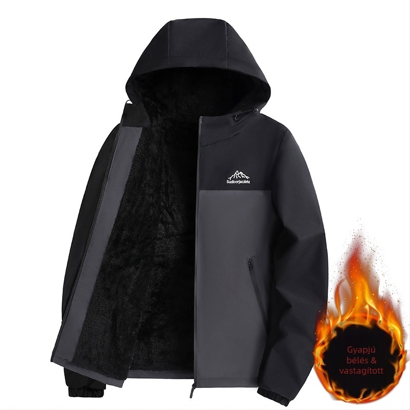 Őszi-téli férfi dzseki fleece béléssel, vastag, divatos, álló-nyakú gallérral, vízálló és szélálló