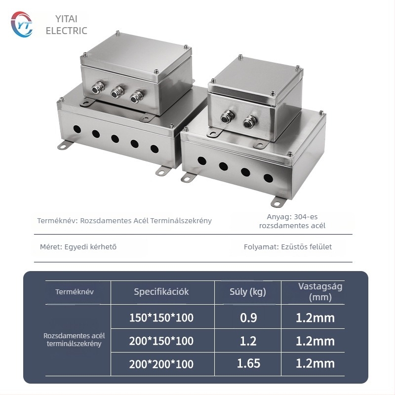 Kültéri rozsdamentes acél termináldoboz, vízálló elosztódoboz, 4 áramkör, 5 kapcsolósor, IP65, függő szerelés