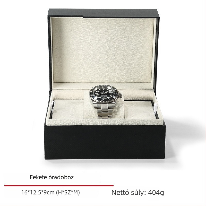 PU bőrből készült óradoboz flanel belsővel, lehajtható fedéllel, modell EE003, ajándék- és ékszerdoboz csomagolás