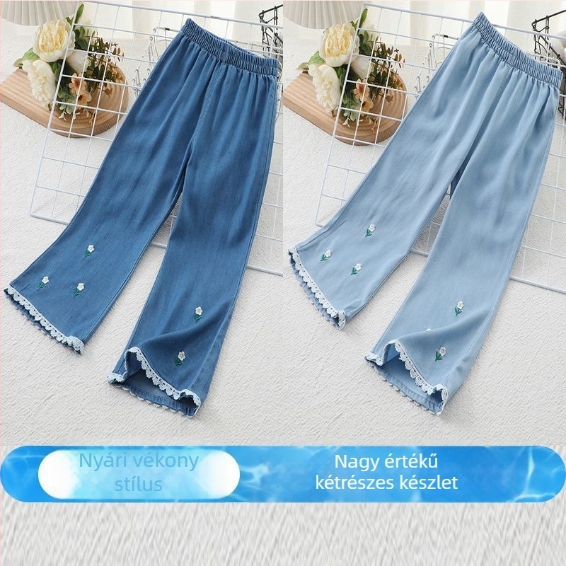 Lányoknak szóló rovarriasztó nyári nadrág, Ice Silk anyag, virágos minta, denim-kivitel, középmagas derekú elasztikus derékkal, 3-8 éveseknek