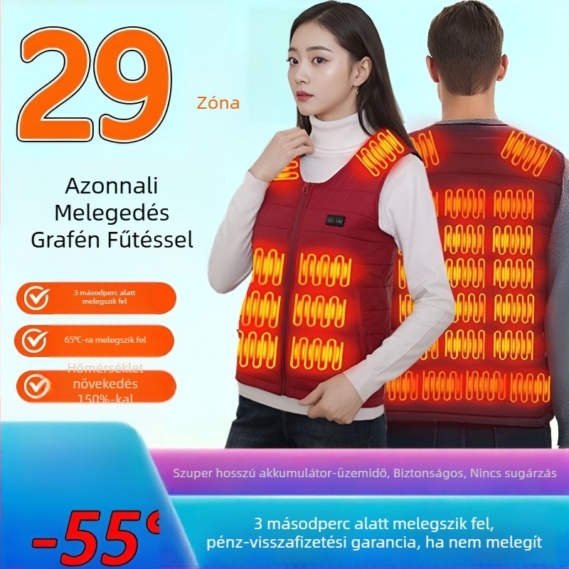 29-zónás grafén elektromos fűtésű mellény, újratölthető önmelegítő téli mellény
