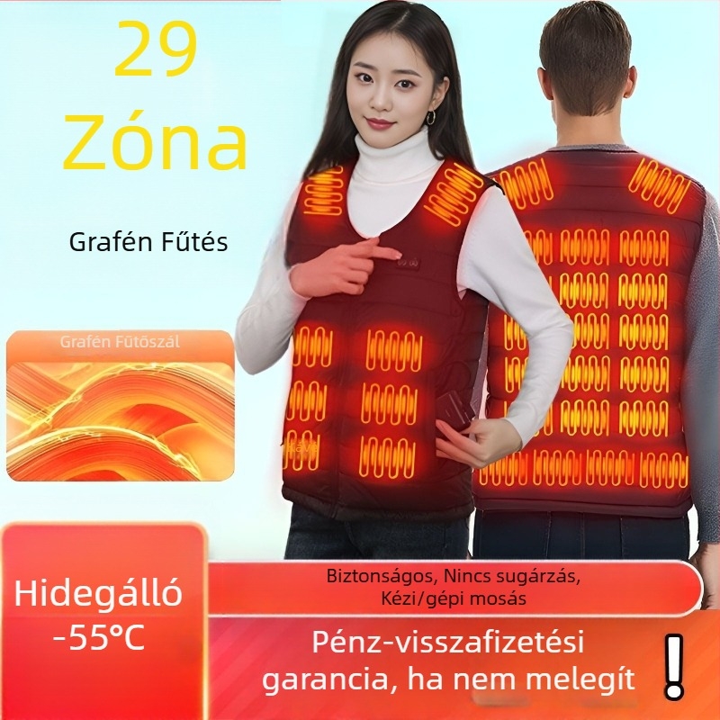 29-zónás grafén elektromos fűtésű mellény, újratölthető önmelegítő téli mellény